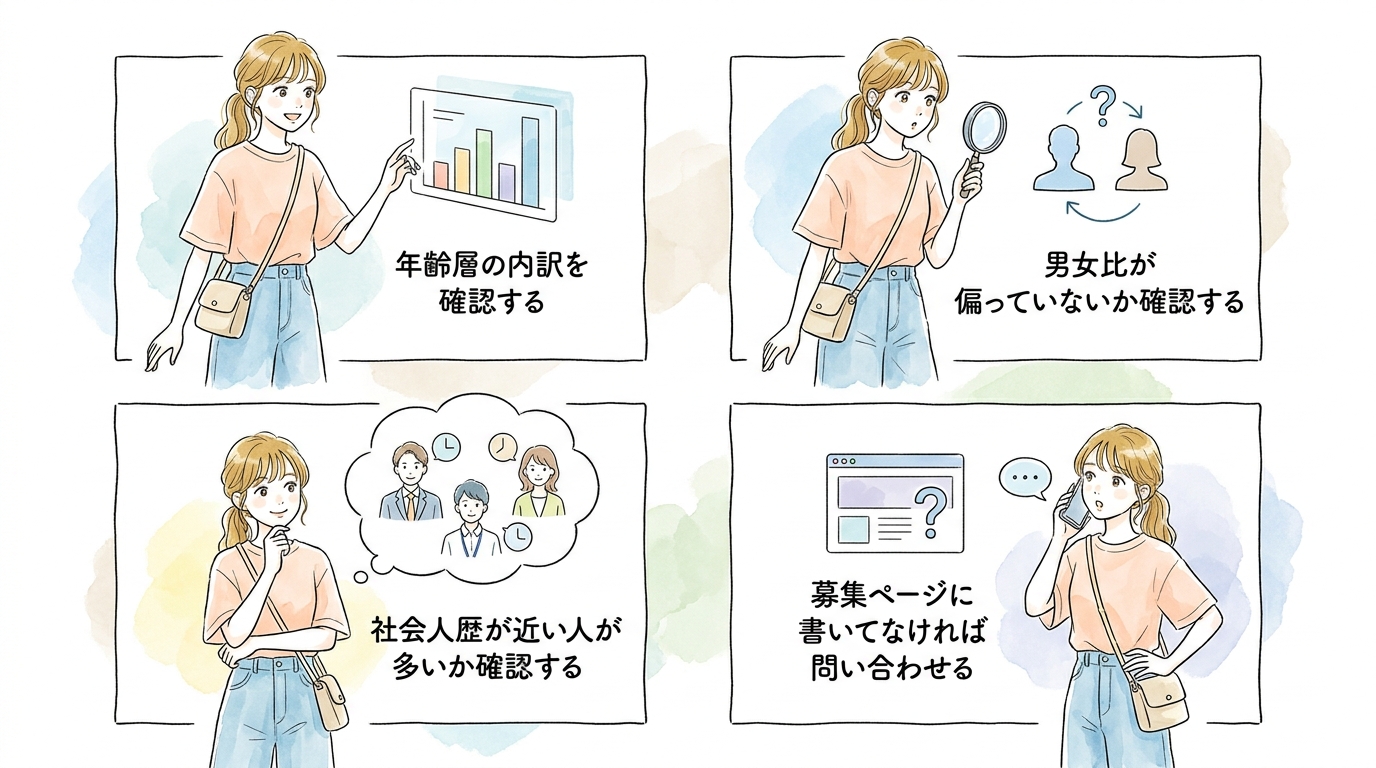 参加者の年齢層と男女比が自分の目的と合っているか