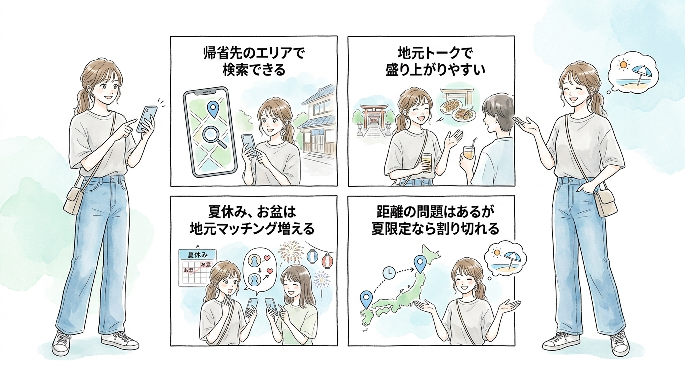 地元・帰省先エリアで絞ると地元トークで盛り上がれる