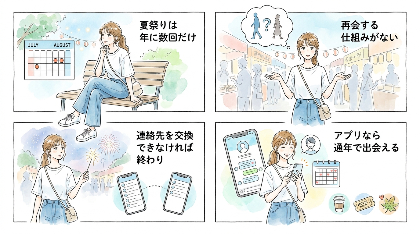 夏祭りは年に数回しかなく、同じ人と再会する仕組みがないため関係が続きにくい