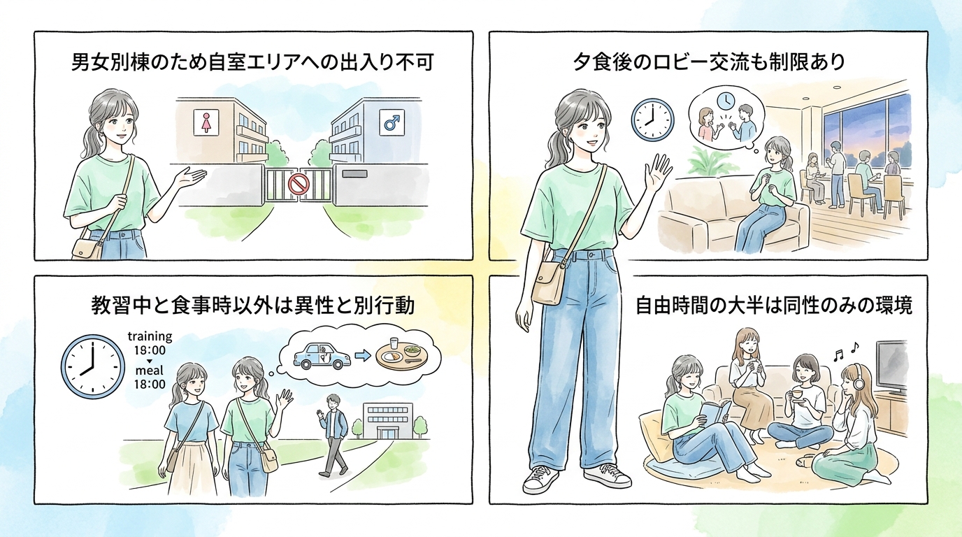 女子寮と男子寮が別々なので教習時間外に接点を持ちにくい
