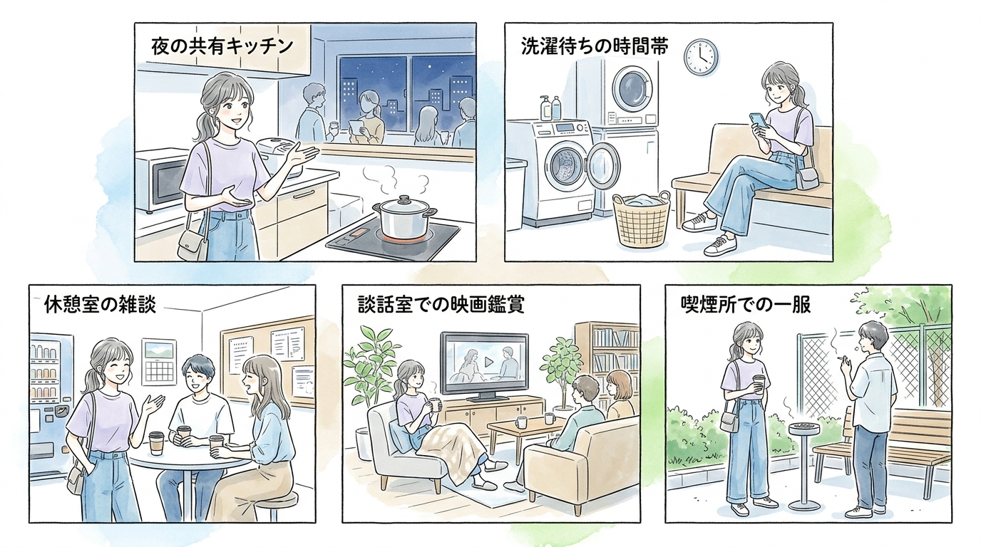 寮の共有スペースと休憩室が最も自然な接点になっている