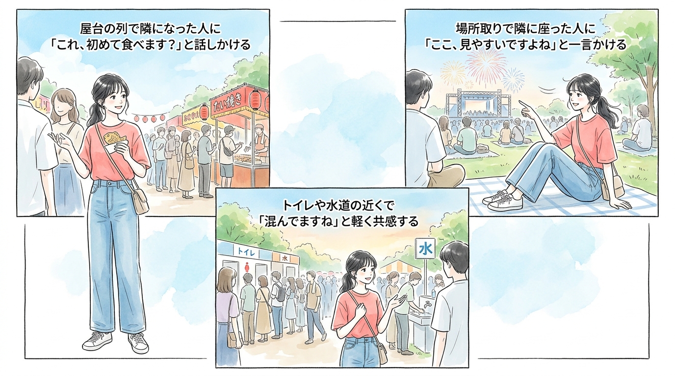 屋台エリアと観覧席周辺が自然に話しかけられる場所になっている