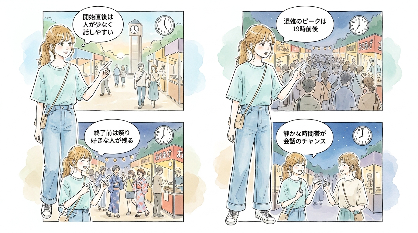 屋台エリアは開始直後と終了前が声をかけやすく、混雑時は避けるべきだとわかる