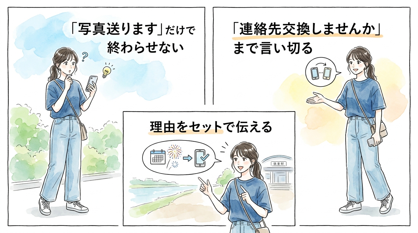 帰り道の駅で「次また花火あるんですけど、連絡先交換しませんか」と伝える