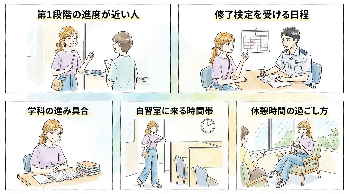 教習の進み具合が同じ人は自然と顔を合わせる回数が増えていく