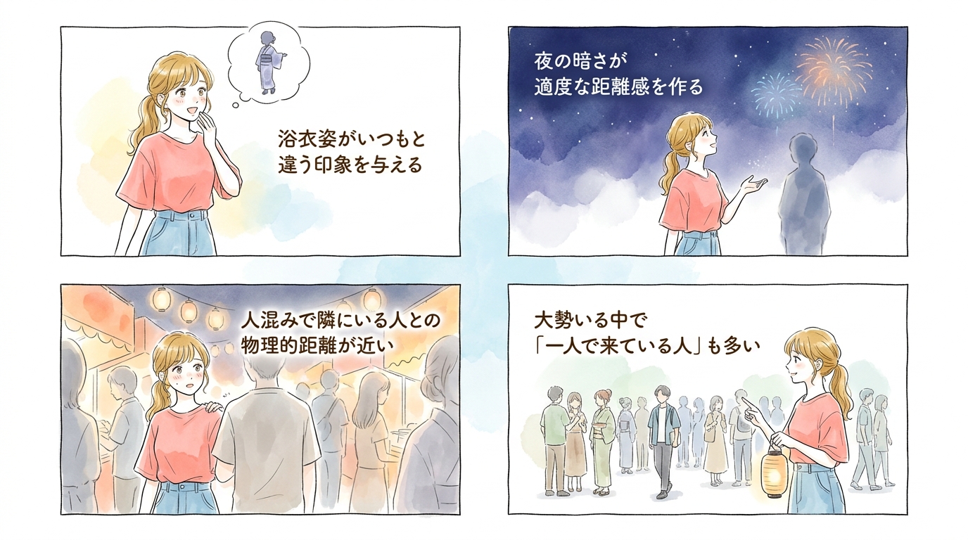 浴衣・夜空・人混みが生む心理的な開放感が距離を縮めてくれる