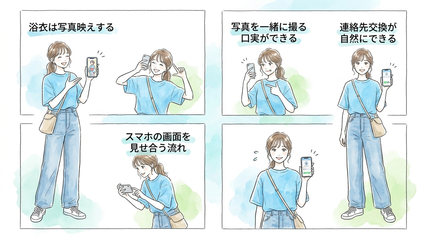 浴衣姿は写真を一緒に撮る口実になり、自然とスマホの画面を見せ合う流れができる