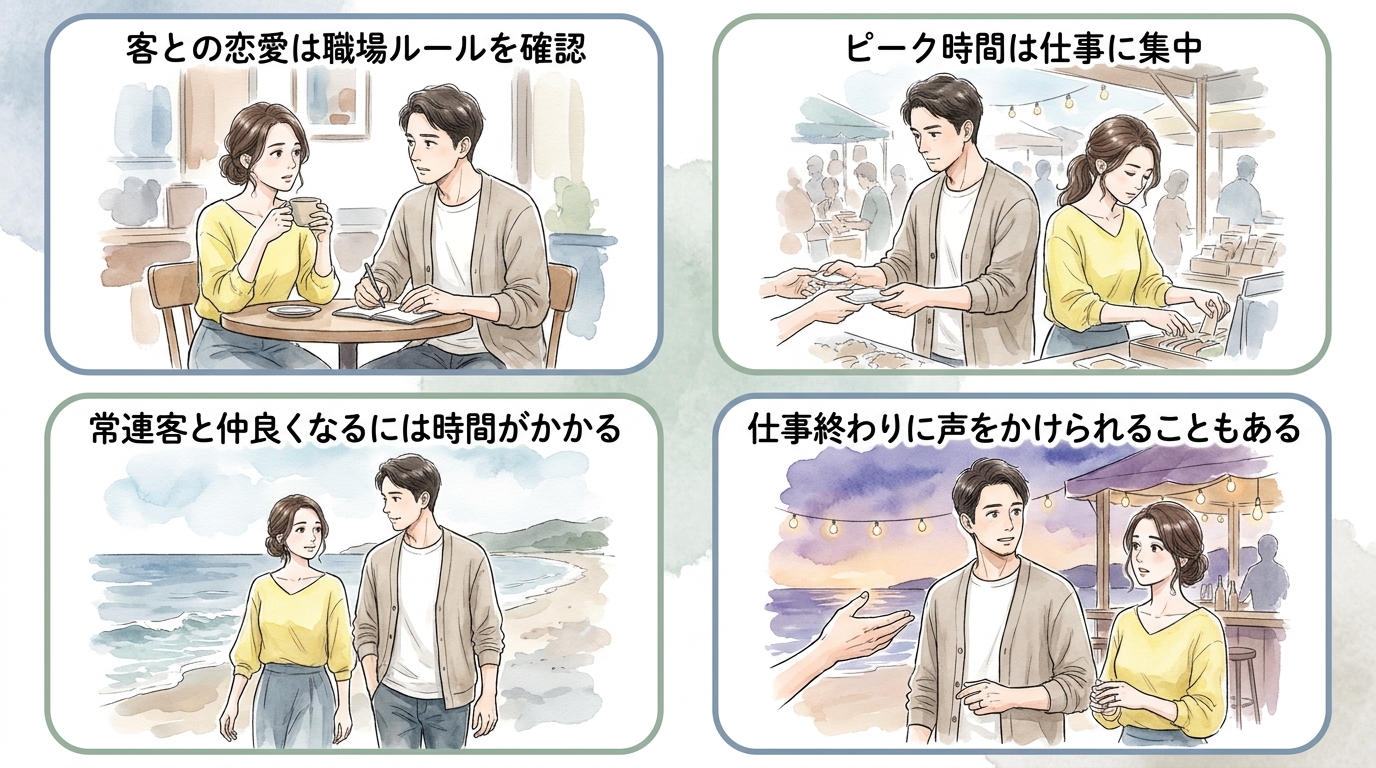 海の家・ビアガーデンは客との距離が近いが仕事中心で連絡先を聞くタイミングが少ない