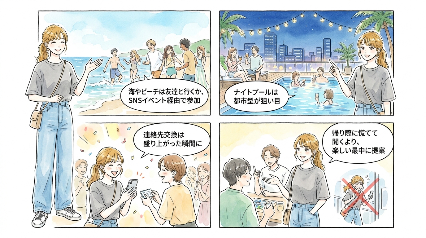 海・ビーチ・ナイトプール──開放感が自然に距離を縮める