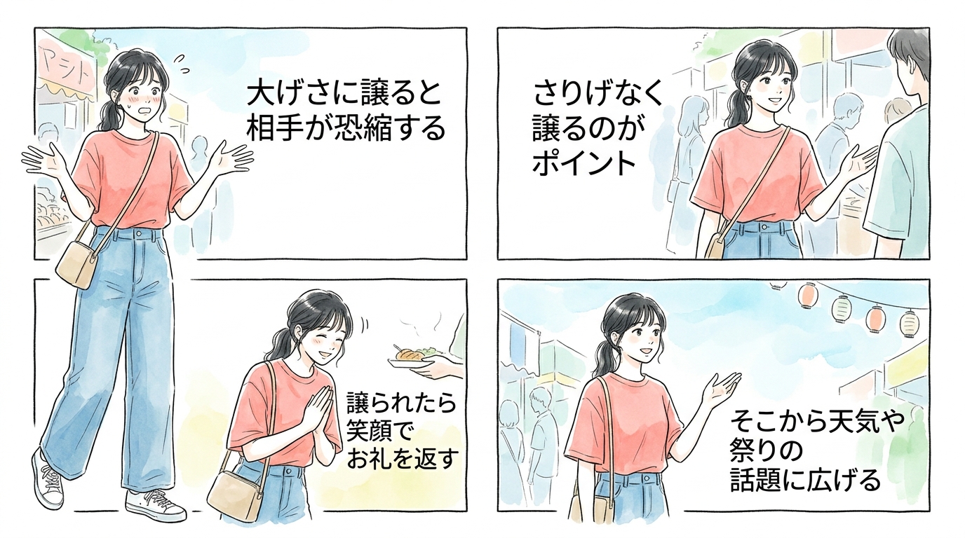 混雑している屋台で譲り合いから会話が生まれる