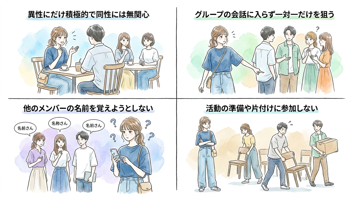 特定の異性にだけ話しかけて他のメンバーを無視している