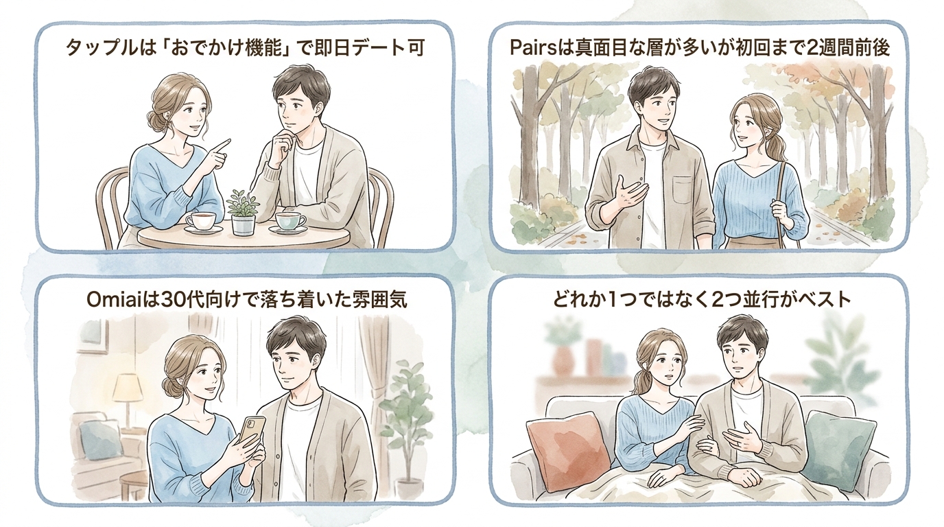 王道はマッチングアプリ:Pairs・タップル・Omiaiで会える確率が変わる