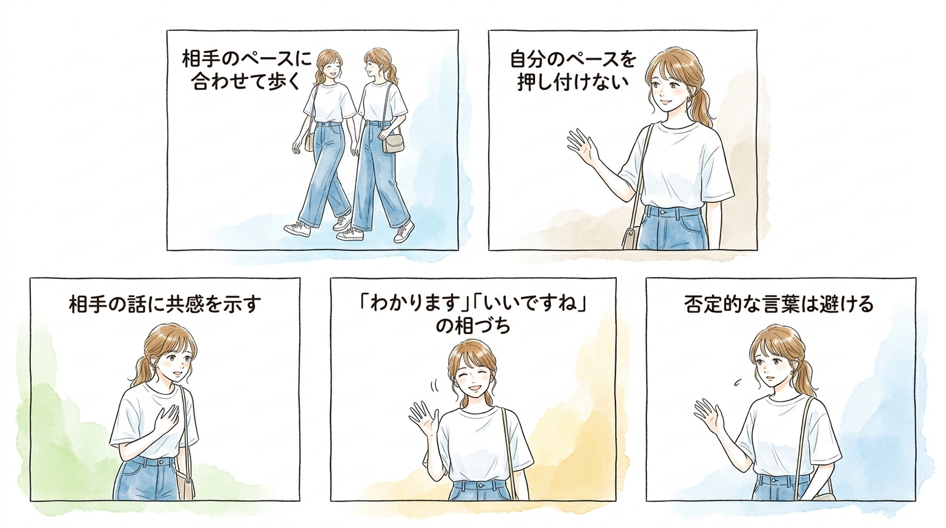 相手のペースに合わせて歩きながら共感を示すと距離が縮まる