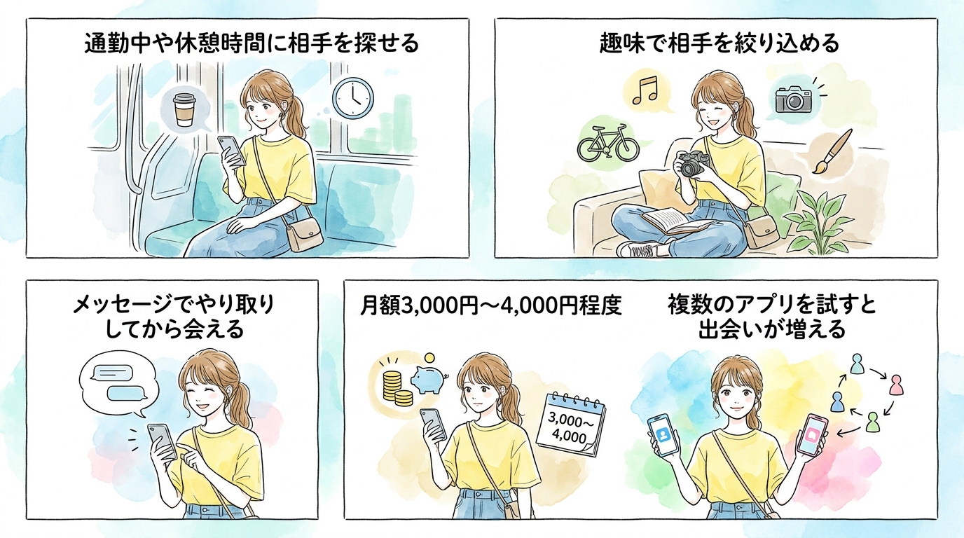 趣味が合う相手を日常的に探せるマッチングアプリと並行すると効率的だ