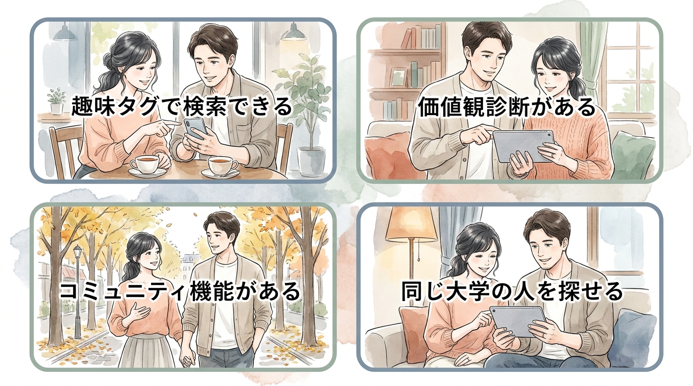 趣味や価値観で絞り込めるアプリを選ぶと会話が続きやすい