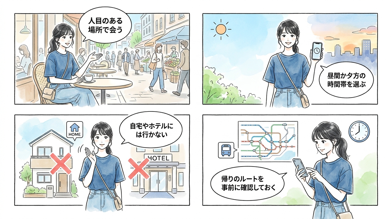 身元が不明な相手との初対面は必ず人目のある場所を選ぶ