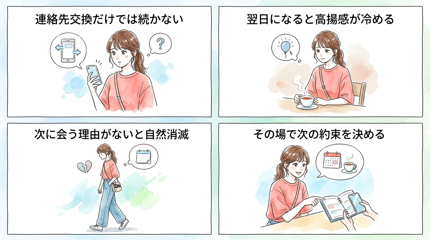 連絡先を交換しただけで終わると、翌日以降にメッセージが続かず自然消滅しやすい