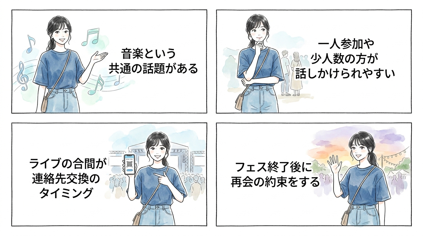 野外フェス・音楽イベント──共通の好みで会話が途切れない