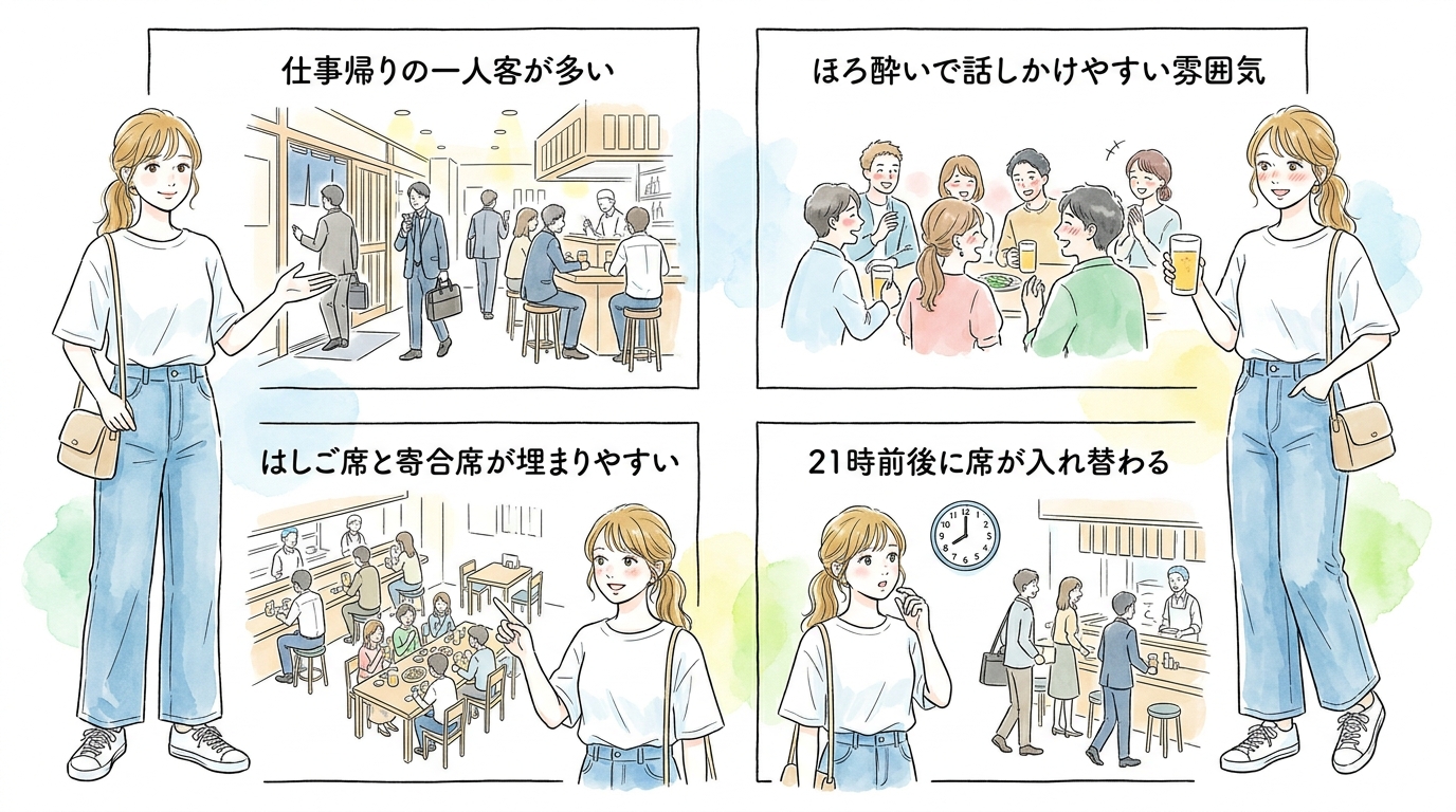 金曜20時以降は一人客が急増して声をかけやすくなる