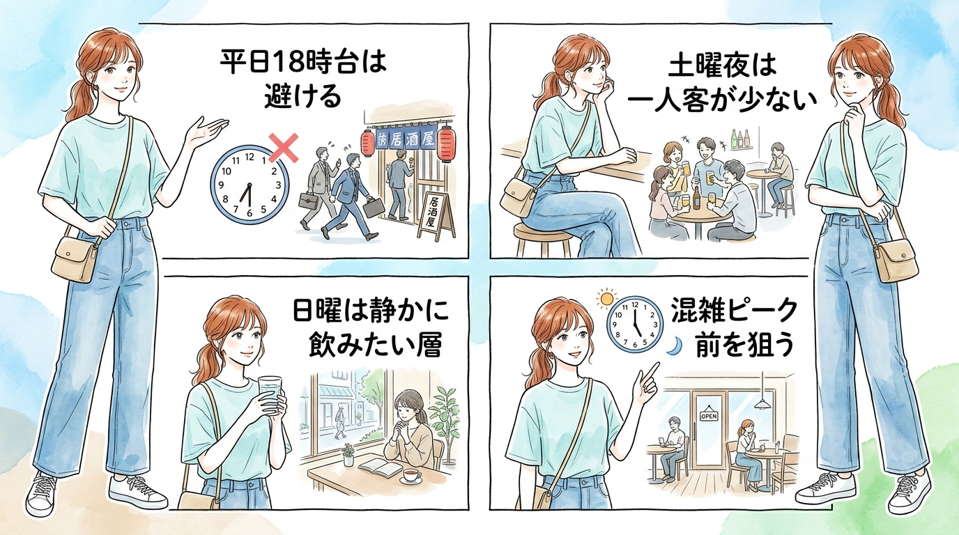 金曜の20時以降が最も一人客と混雑のバランスが良い
