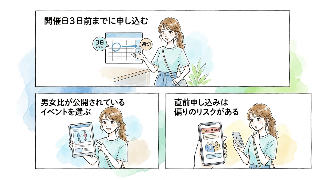開催日の3日前までにエントリーすると男女比の偏りを避けられる