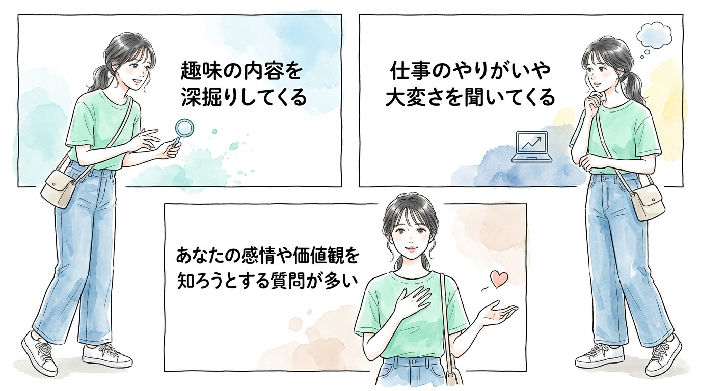 あなたの趣味や仕事に具体的な質問を重ねて興味を示してくる