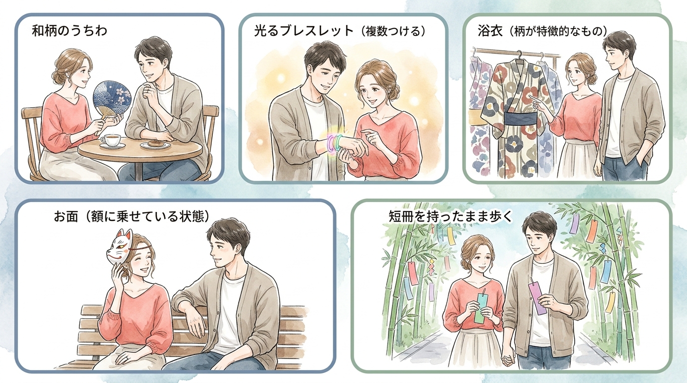 うちわ・光るグッズ・浴衣は「いいですね」の一言を引き出しやすい