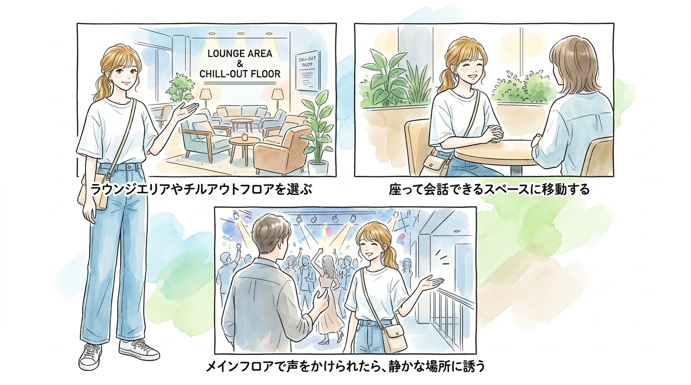メインフロアより小箱のラウンジエリアが、会話目的の人が集まっている