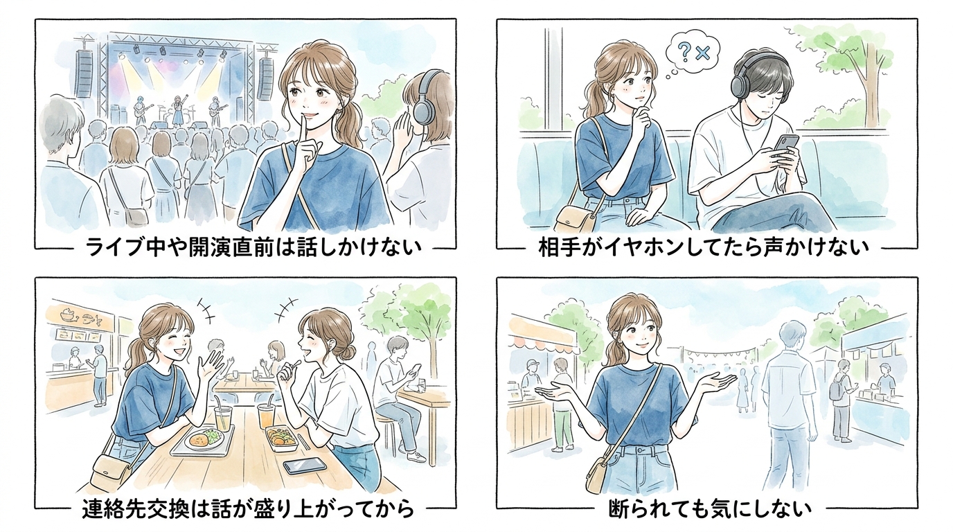 休憩エリアやフェス飯の席で隣になった人と感想を話すと連絡先交換に繋がりやすい