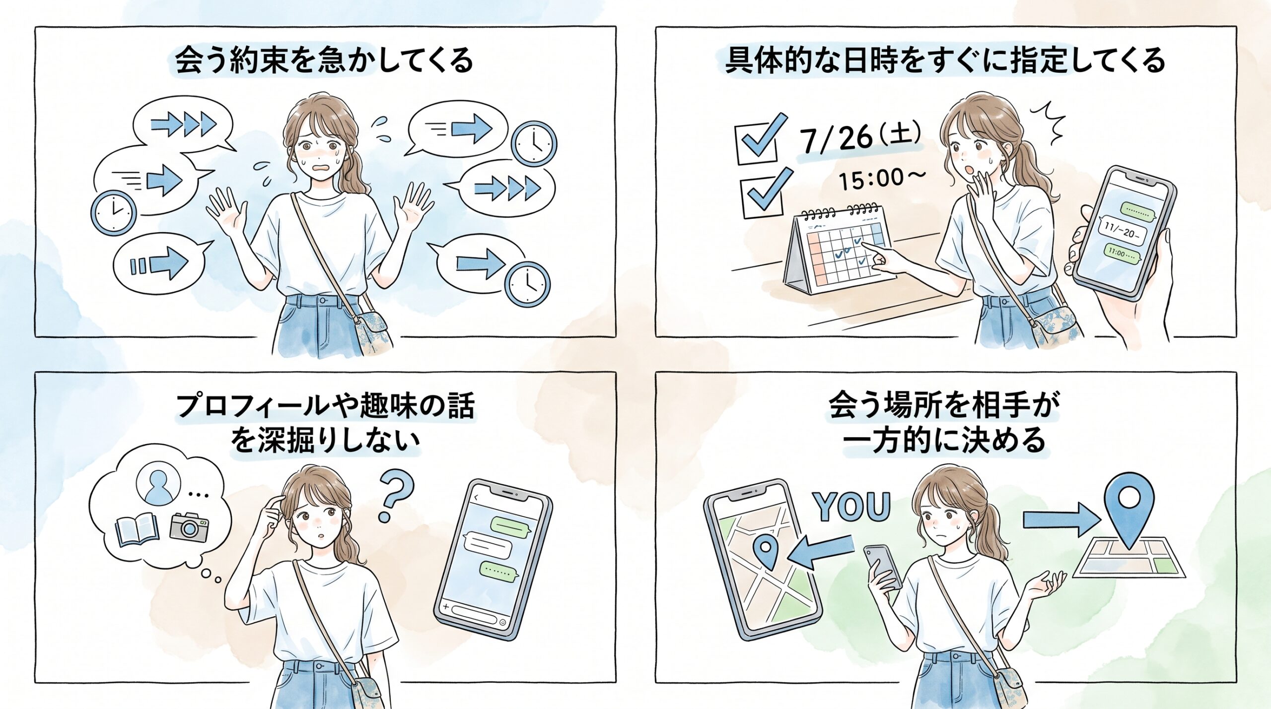会う約束を急かしてくる相手は、ヤリモクか詐欺目的のどちらかに該当している