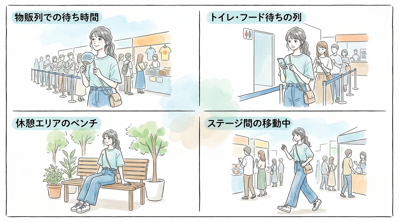 会場内では待ち時間・物販列・休憩エリアが自然な会話のきっかけになる
