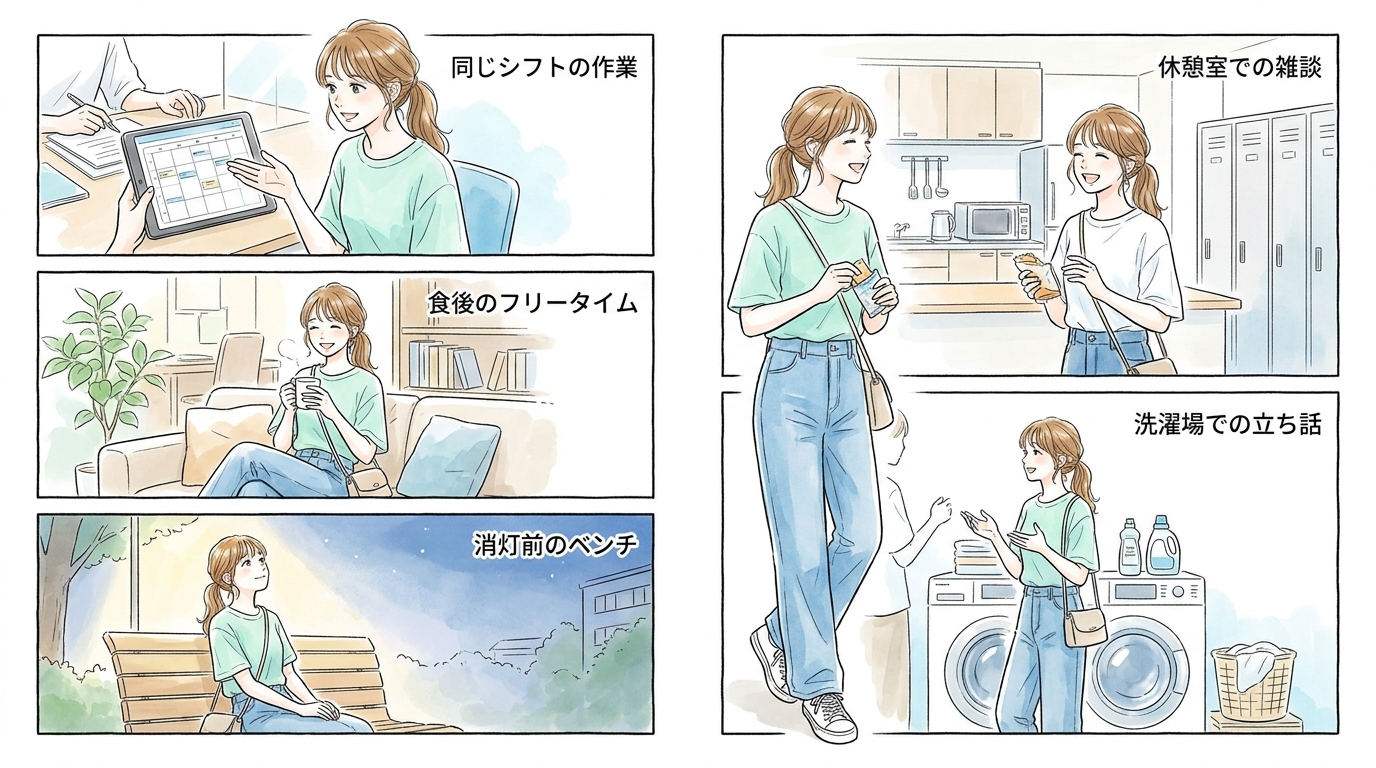 共同生活エリアで距離が縮まる同僚スタッフとの出会い