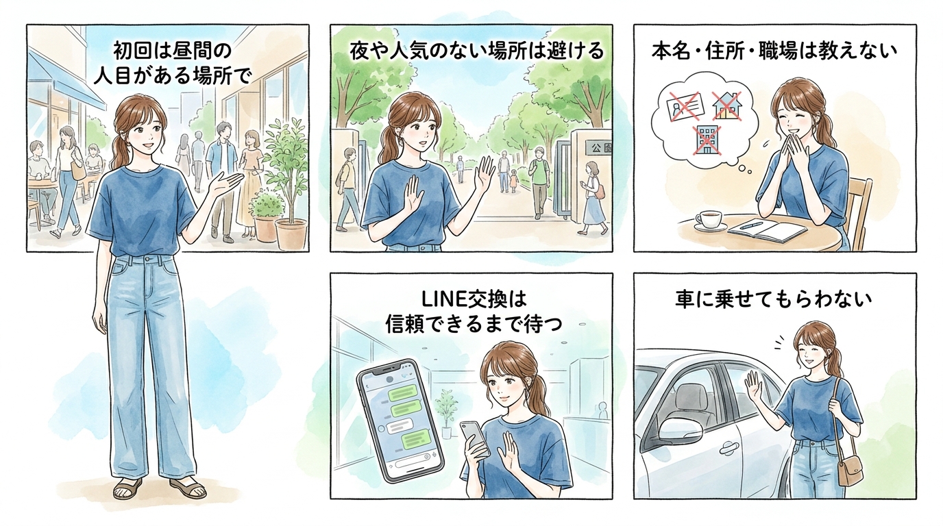 初回は必ず昼間の人目がある場所で会い個人情報は一切教えない