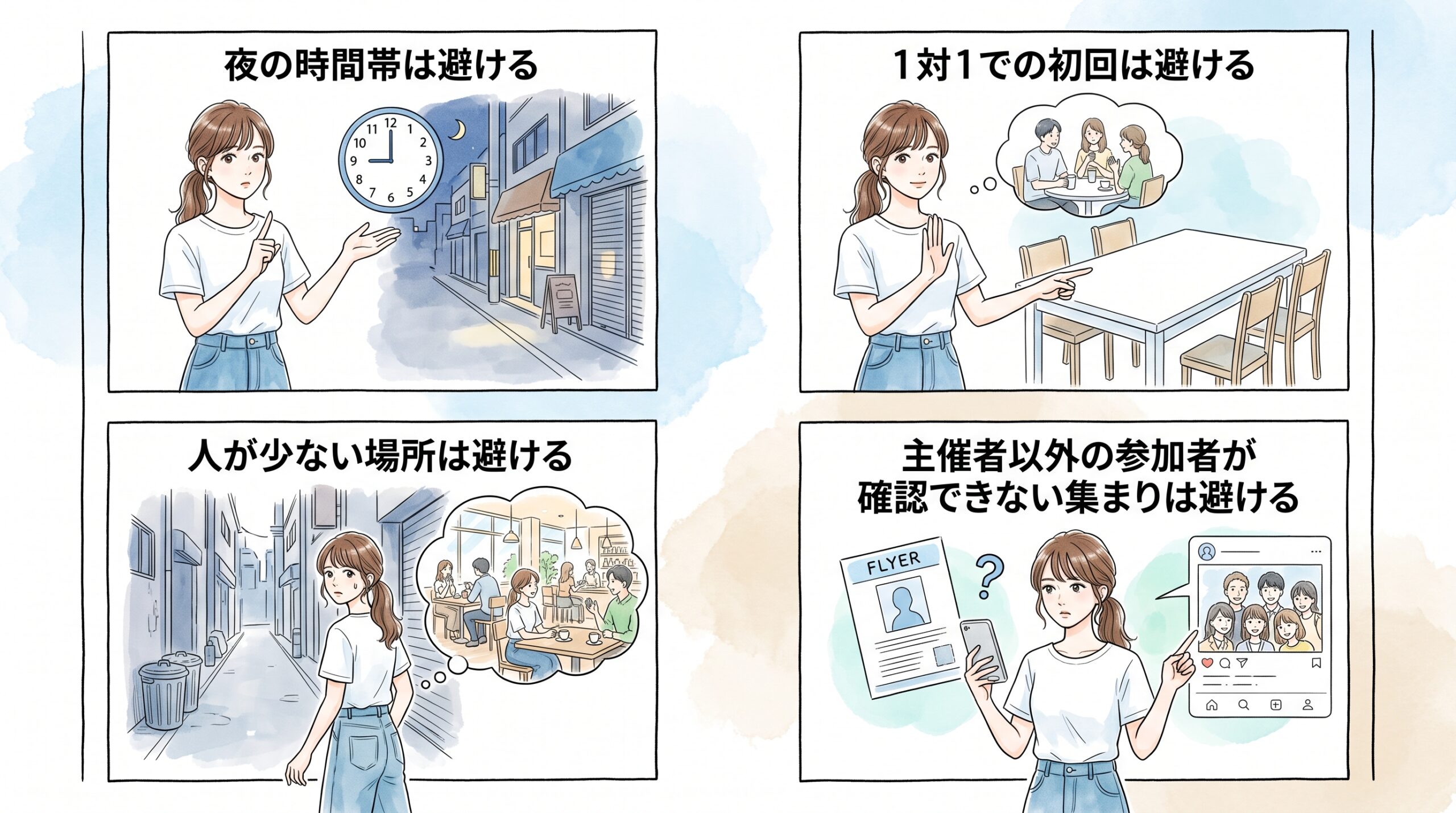 初回は昼間のカフェや複数人の集まりを選んで様子を見る