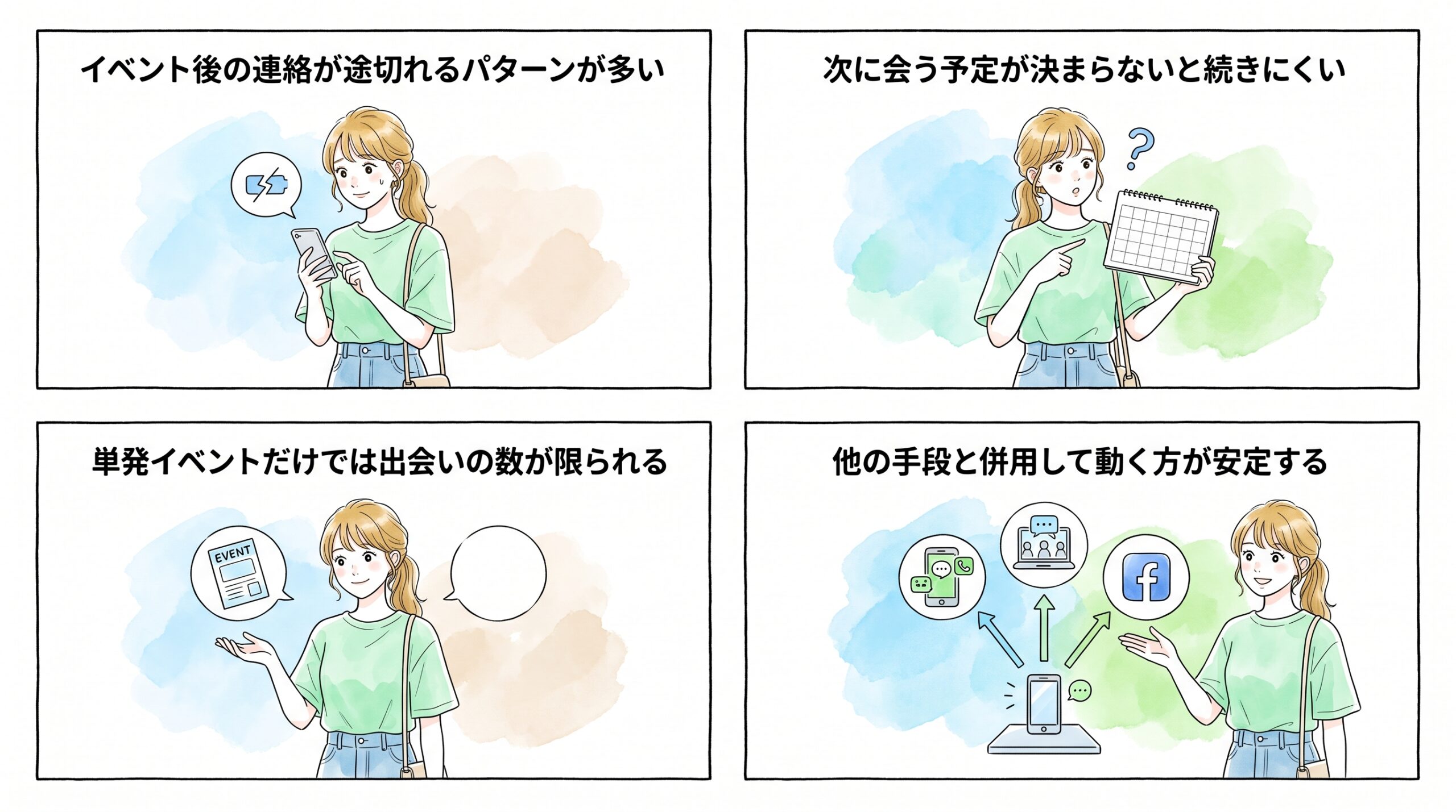 単発イベントだけでは連絡先交換後に続かないリスクがあるので他の手段と併用しておく