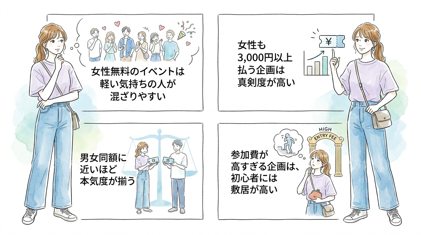 参加費が男女同額に近い、または女性も一定額負担する企画を選ぶ
