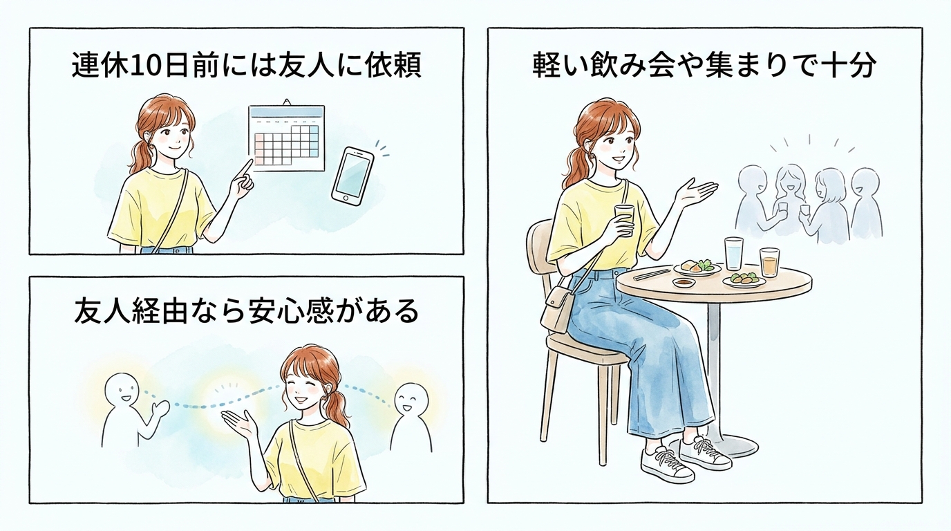 友人に「連休中に会える人いない？」と事前依頼する