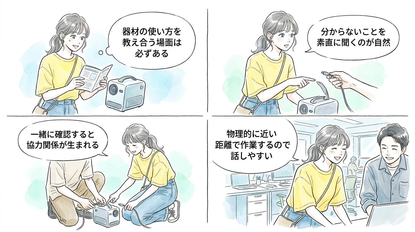 器材の使い方を教え合う場面で自然に話しかける