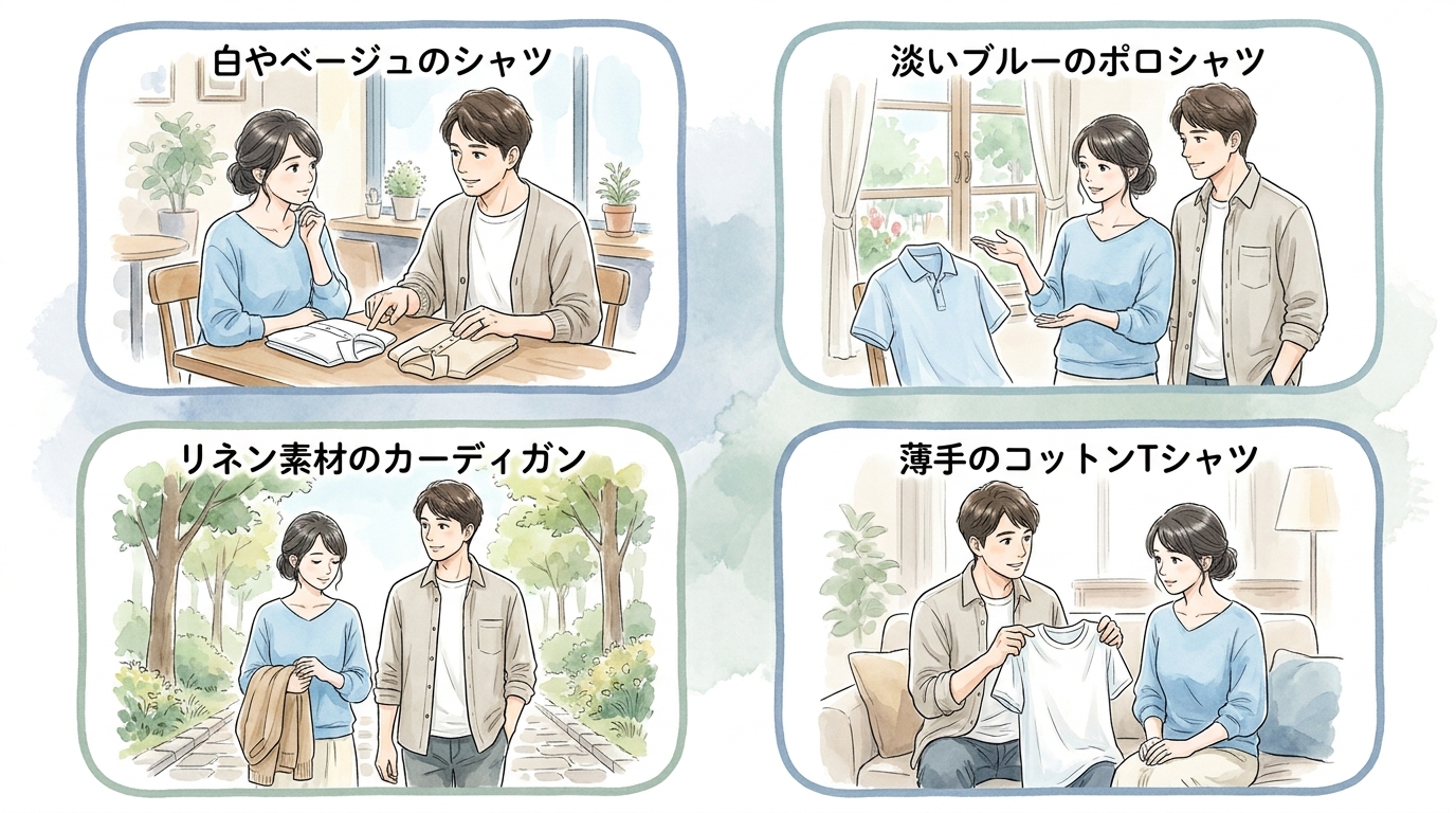 夏らしい色と素材の服装で爽やかさを視覚化する