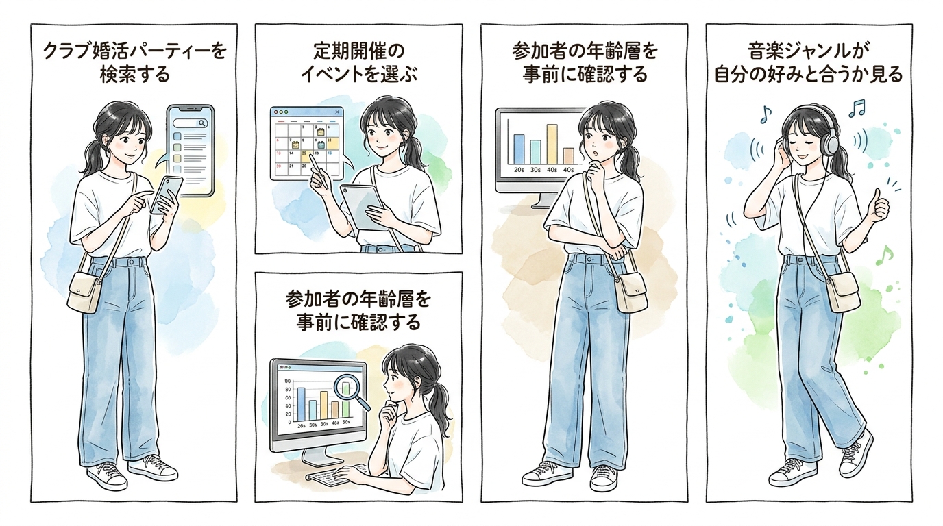 定期開催の「クラブ婚活パーティー」を使えば、最初から本気度が保証される