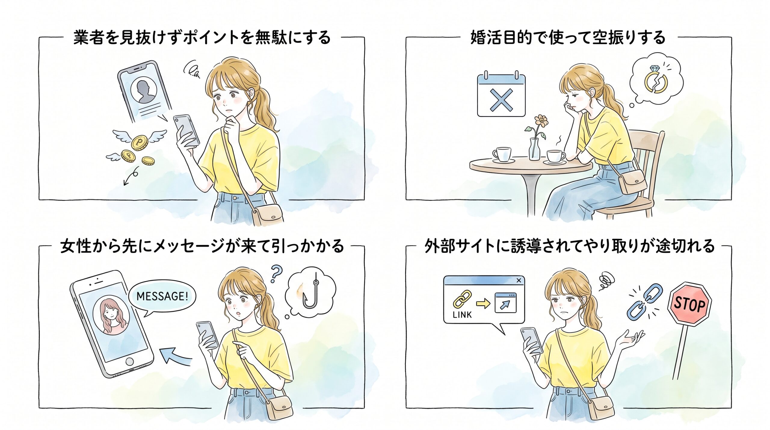 悪い評判の大半は「業者を見抜けずポイントを無駄にした」か「婚活目的で使って空振りした」パターンだ
