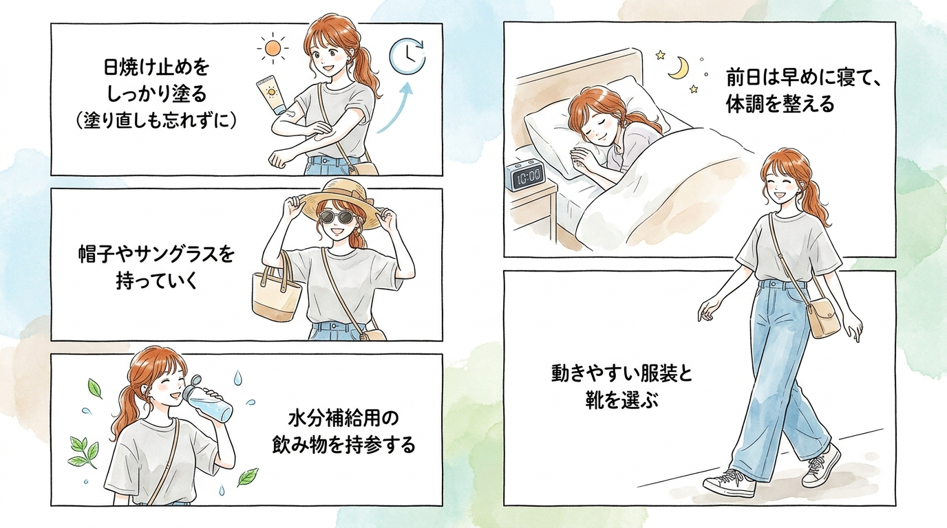 日焼け・体調管理など当日のコンディションを整えておく