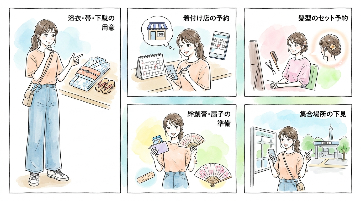 申し込み後、服装・持ち物・集合場所を確認し、浴衣コンなら着付けの予約も済ませておく