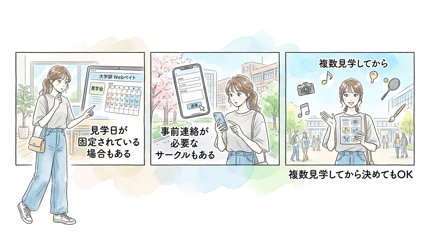 見学できる日程を公式サイトで公開しているサークルから試す