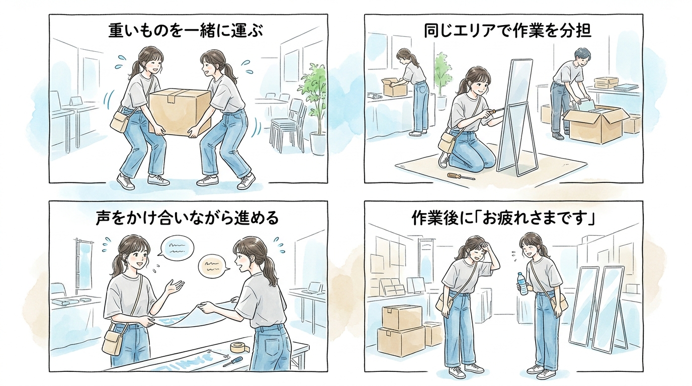 設営・撤去の共同作業で自然に会話が始まる