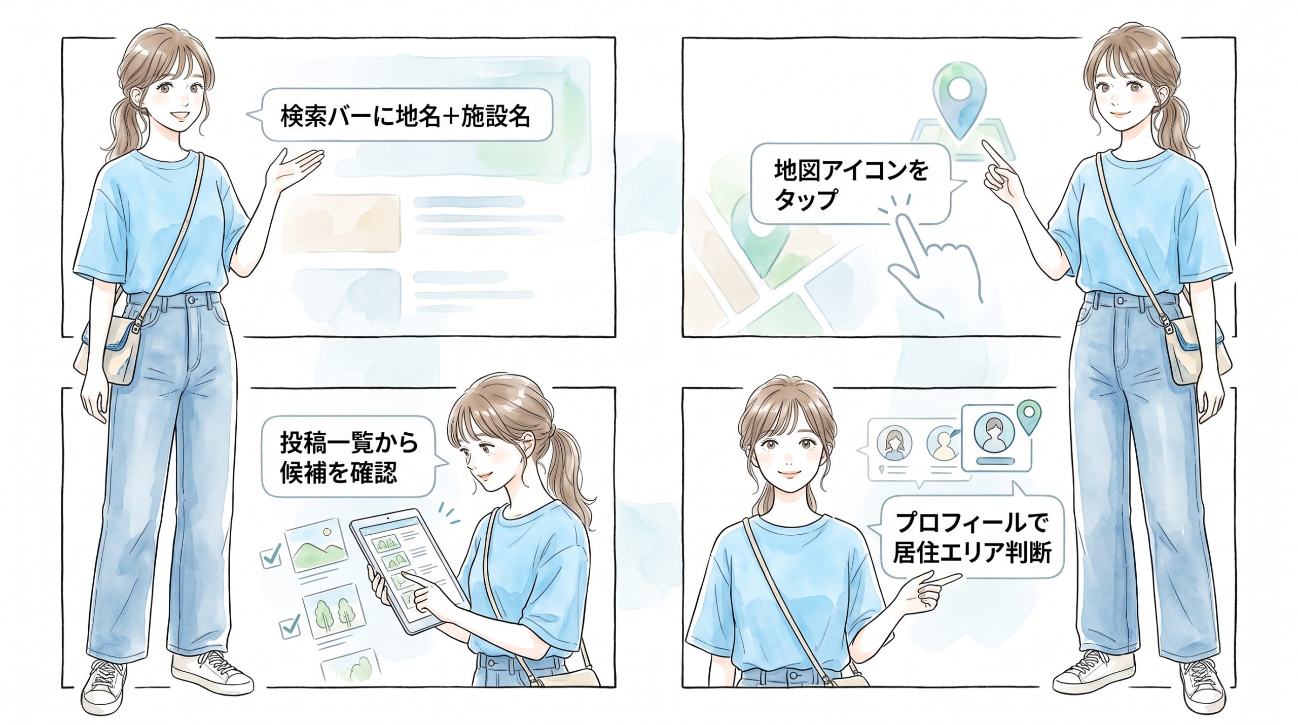 趣味タグだけだと遠方アカウントが混ざるため、位置情報で距離を絞る