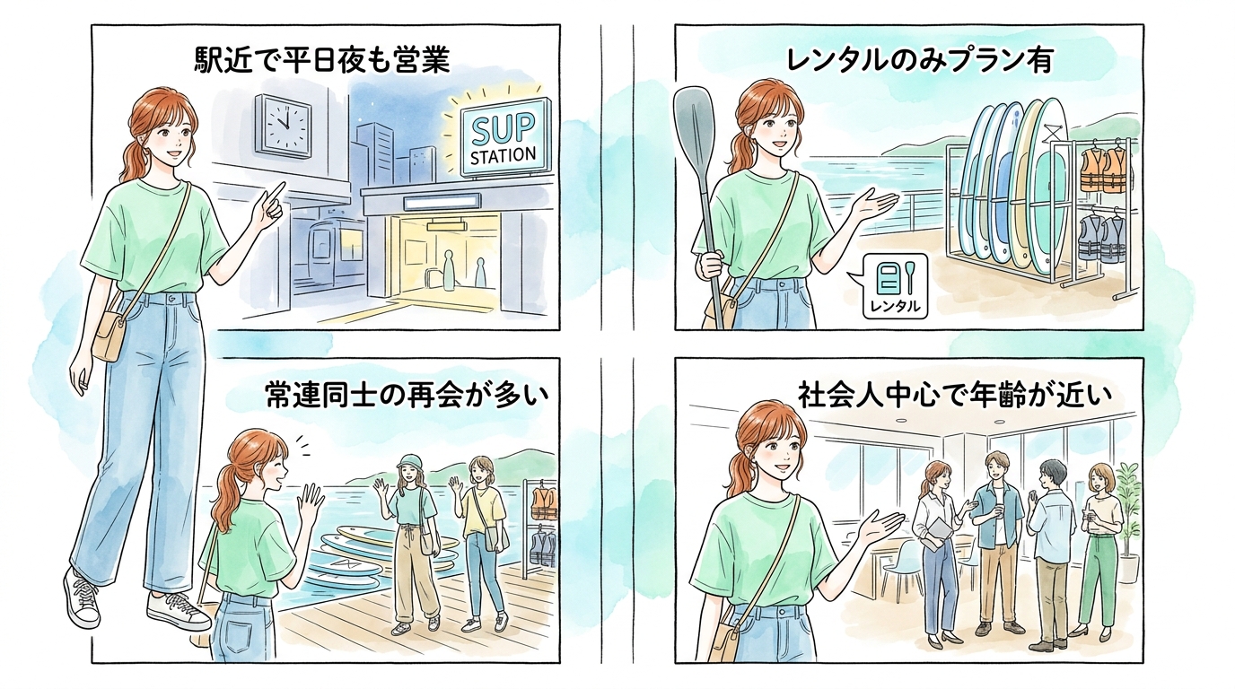 都市型のSUPステーションは仕事帰りに通える人が集まっている