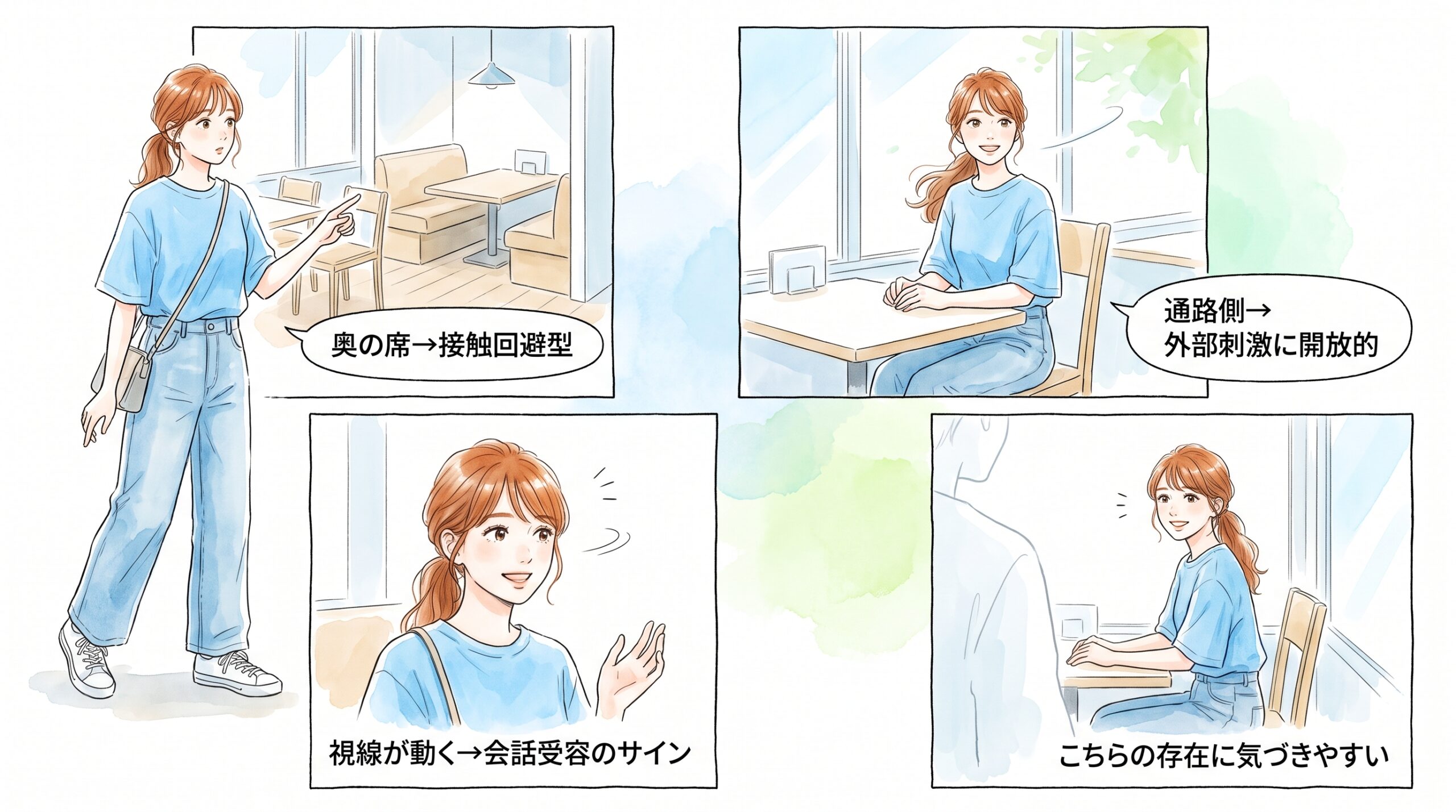 テーブルの端に座って通路側を心がけている