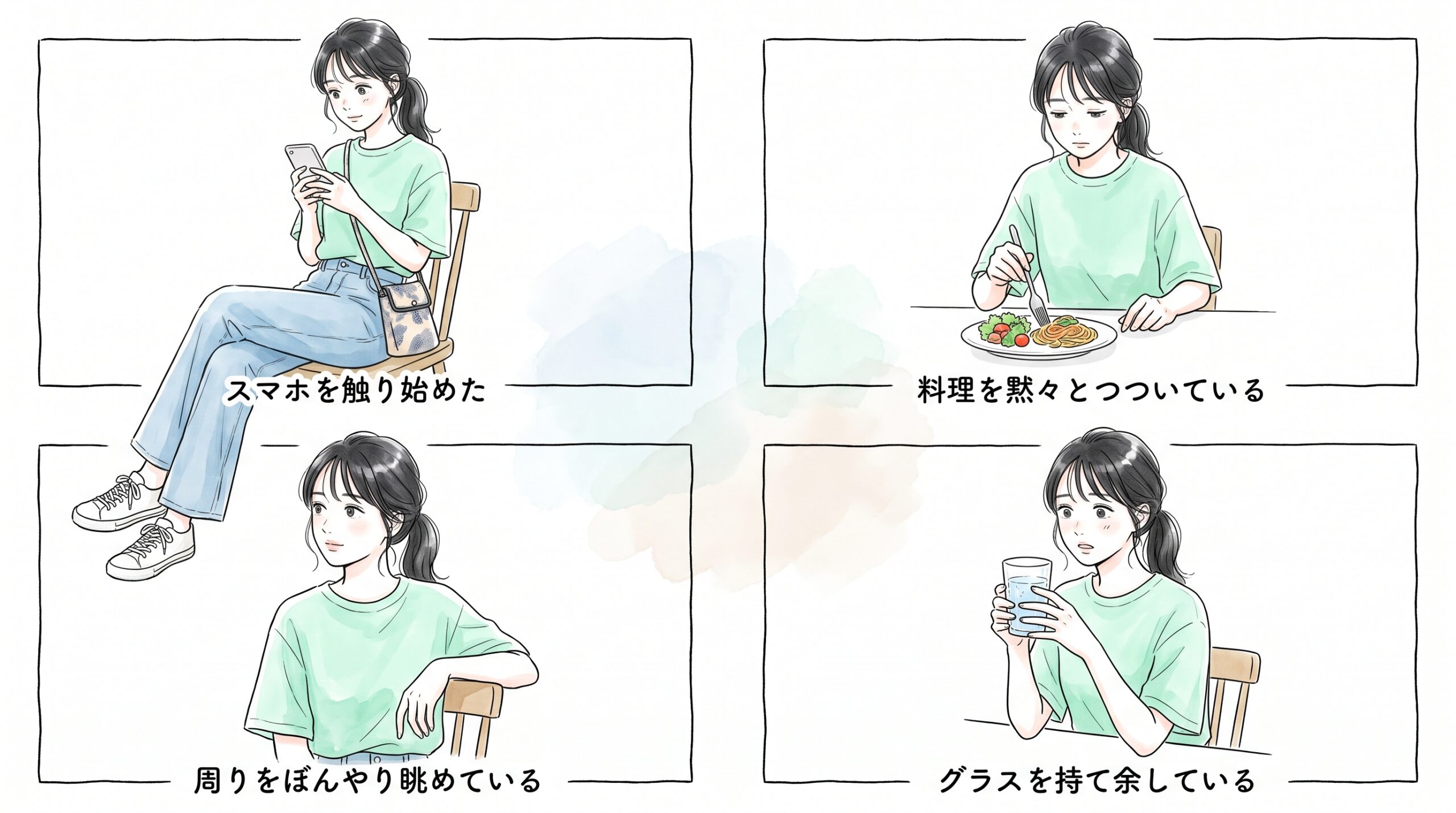 友人同士の会話が途切れて手持ち無沙汰になっている